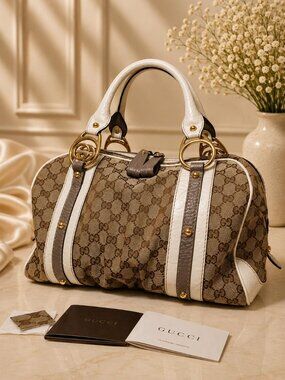 Authentic Gucci Sukey Boston Bag GG Monogram Canvas Ivory Leather Shoulder Bag